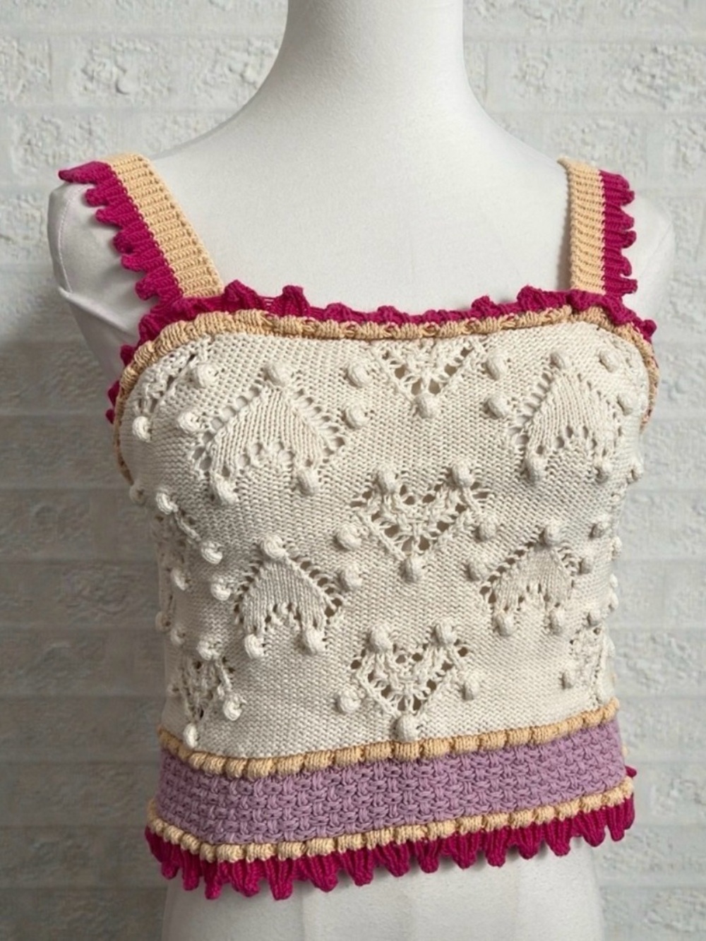 Zara Knit Crochet Boho Crop Tank Cream Pink Textured Cottagecore M